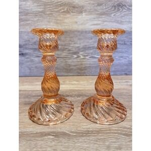Vintage Pink Depression Glass Swirl Candlestick Holders Pair Mid Century‎ Deco